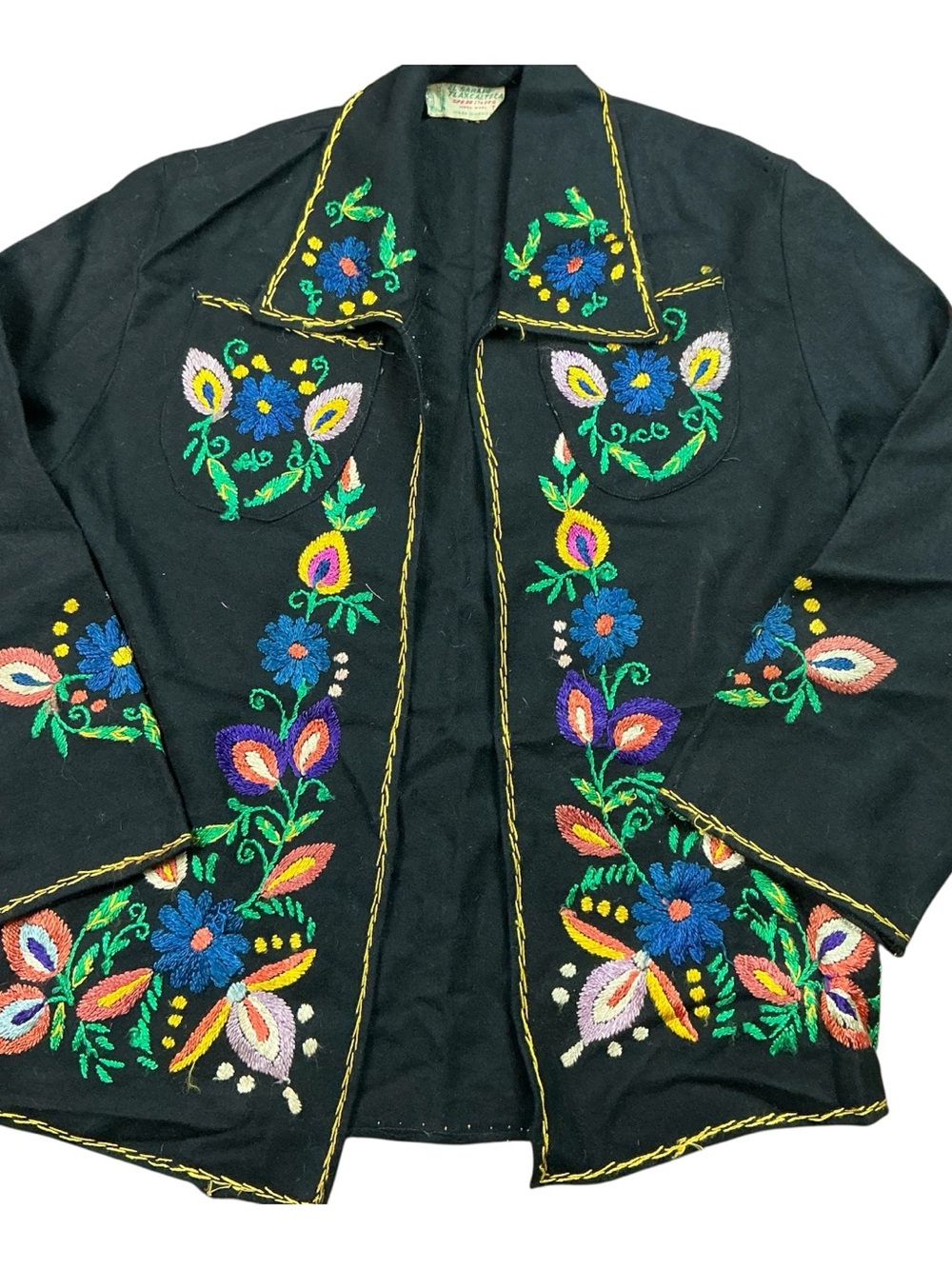 Vintage 1940s Mexican El Sarape 100% wool black Women's Open Front jacket SZ S/M